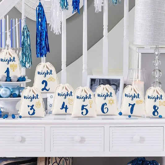 8 Nights Hanukkah Drawstring Bags | Chanukah Countdown Pouches Holiday Countdown Pouches Peaceful Pleasures Health and Wellness