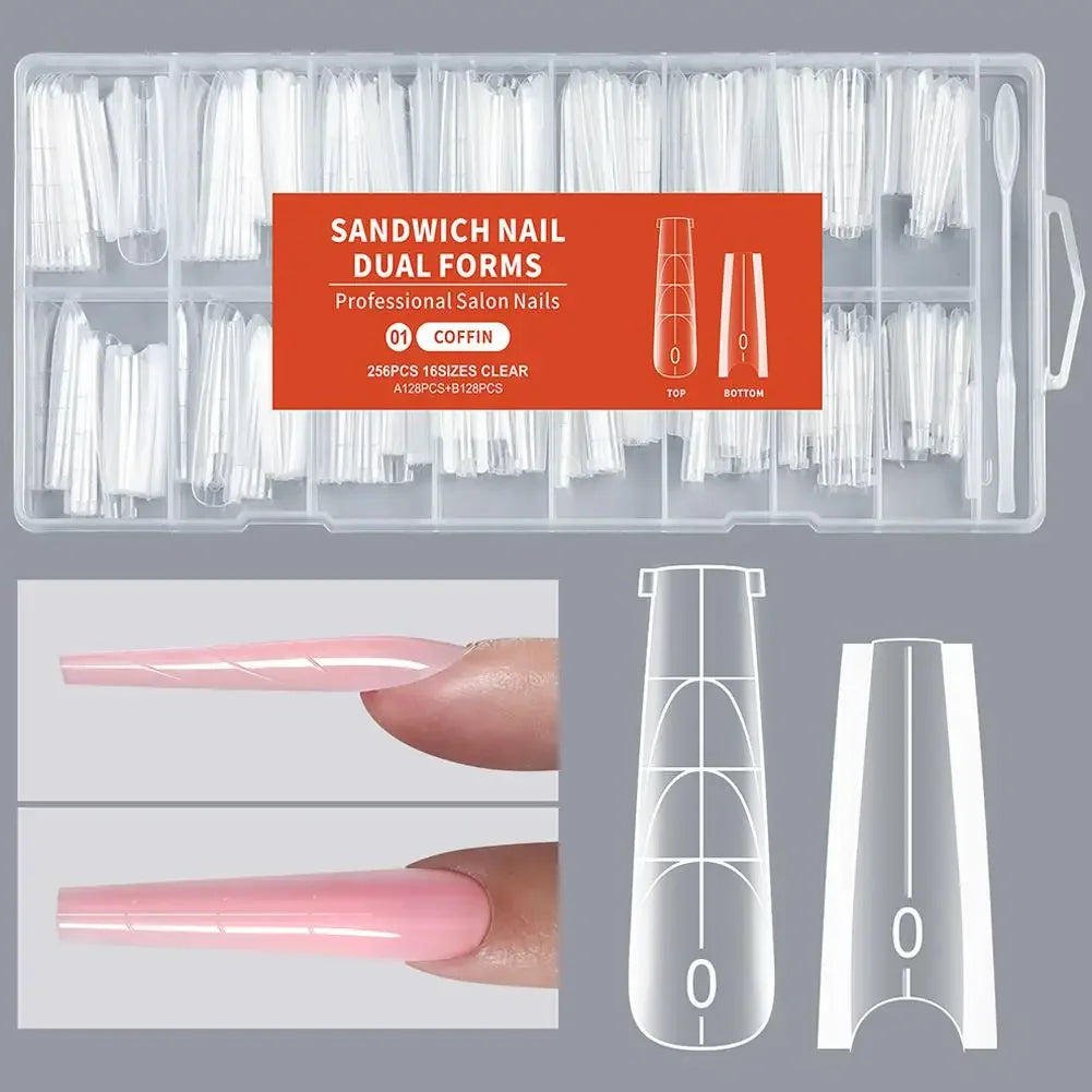 256Pcs/Box Sandwich Nail Dual Form Nail Tips Quickly Building Gel Form Nail System Full Cover Tips Nail Extension Form Kit Peaceful Pleasures Health and Wellness