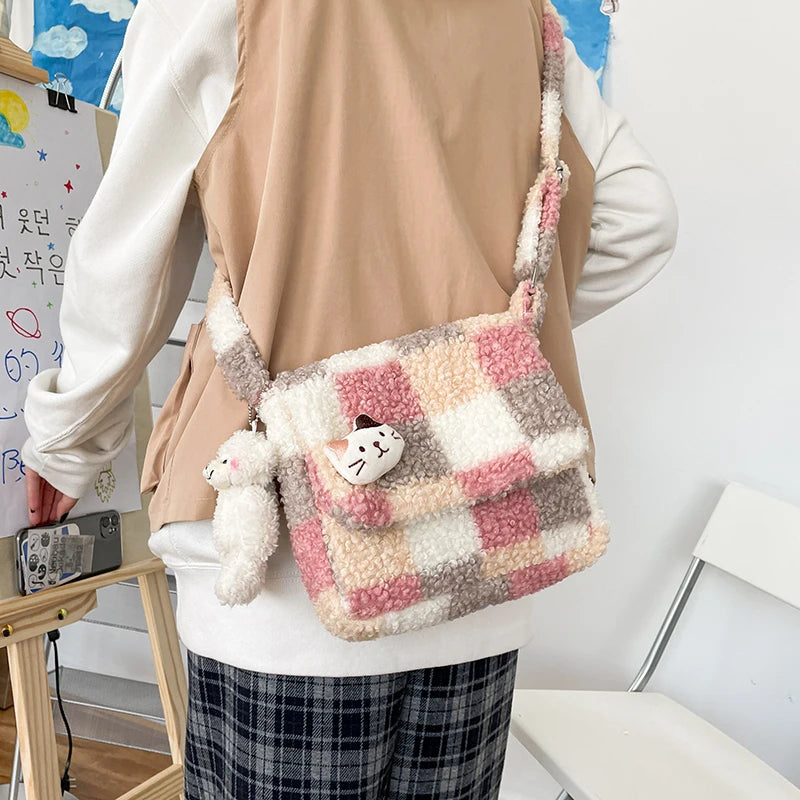 Lambskin Checkered Single-shoulder Bag Women Small Crossbody Bag Casual Cute Messenger Bags Girls Zipper Purse Lamb Like Tote Peaceful Pleasures Health and Wellness Pink with Bear