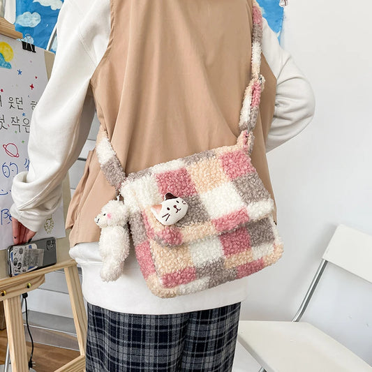 Lambskin Checkered Single-shoulder Bag Women Small Crossbody Bag Casual Cute Messenger Bags Girls Zipper Purse Lamb Like Tote Peaceful Pleasures Health and Wellness Pink with Bear