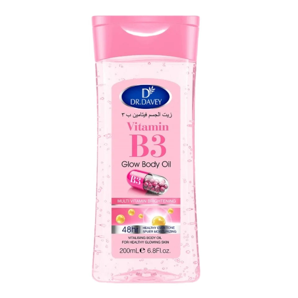 DR.DAVEY Vitamin B3 Glossy Body Oil 200ml Fluid Ounce Nourishing Massage Oil for All Skin Types Contains Glycerin Basic Function Peaceful Pleasures Health and Wellness pink