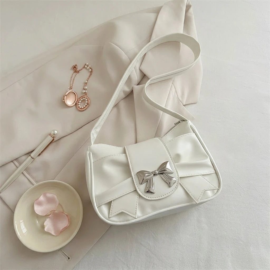 French Bow-Accent Shoulder Bag For Women PU Leather Crossbody Handbag With Elegant Design Peaceful Pleasures Health and Wellness