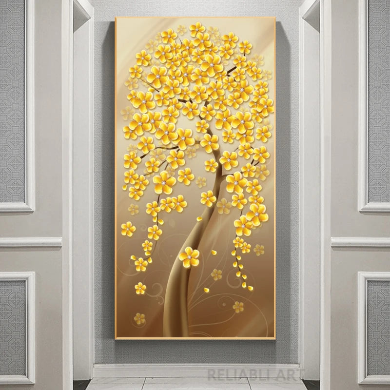 Abstract Luxury Flowers Canvas Painting, Golden Rich Tree, Wall Art Posters Money Tree Prints, Living Room, Porch, Home Decor Peaceful Pleasures Health and Wellness fj5 40x80cm