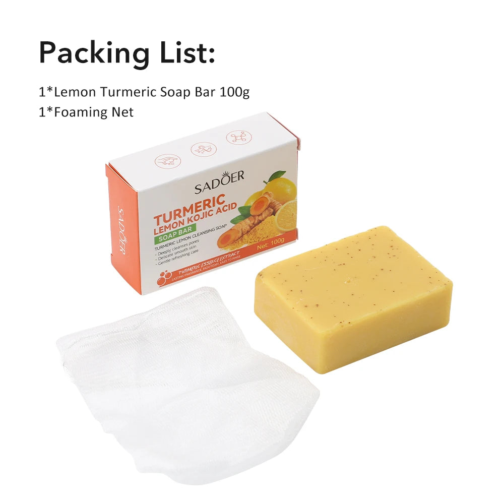 1/2pc 100g Kojic Acid Turmeric Lemon Soap Bar Handmade Brightening Soap for Dark Spots Face Body Wash Cleanser with Foaming Net Peaceful Pleasures Health and Wellness 1pc