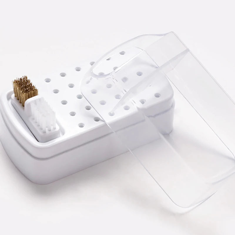 White 30 Holes Nail Drill Bits Holder Clear Dust Proof Drill Bit Case for Acrylic Nail Drill Bits Storage Nail Tools With Brush Peaceful Pleasures Health and Wellness