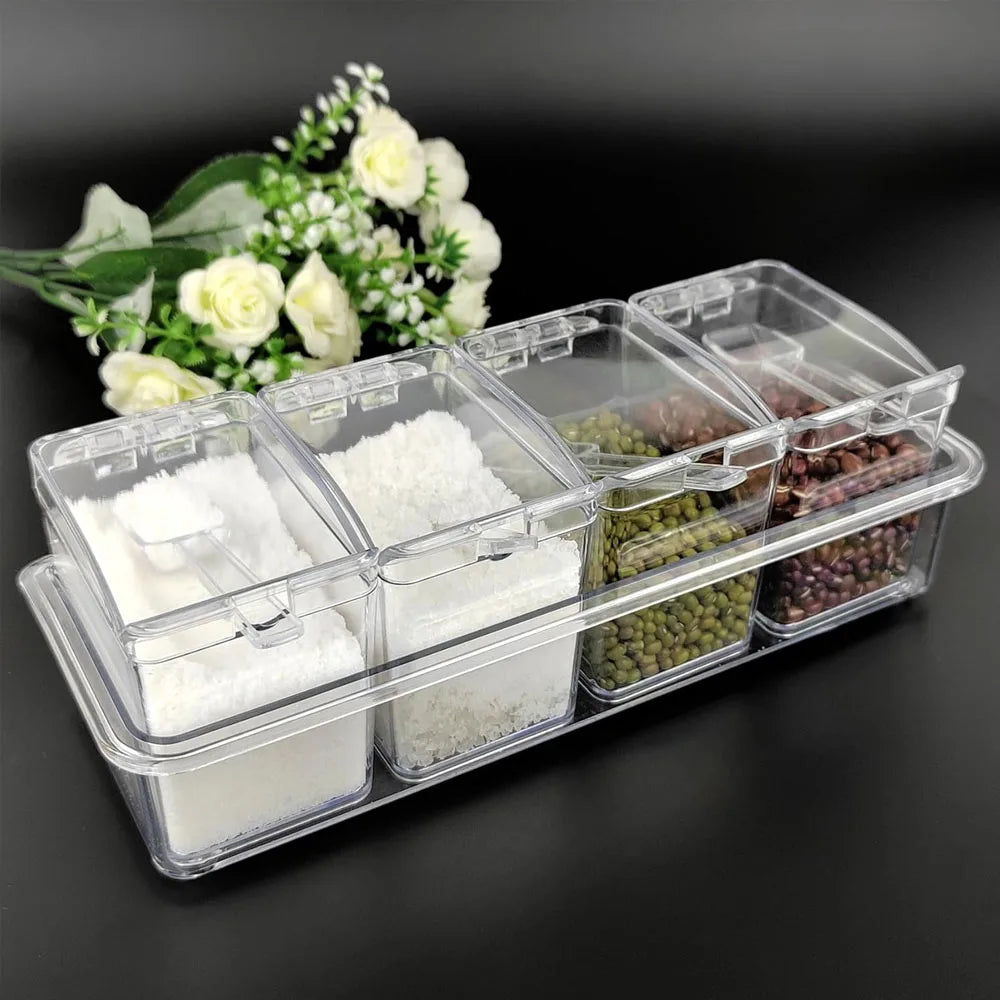4-Cell Clear Acrylic Spice Box with Lids & Spoons