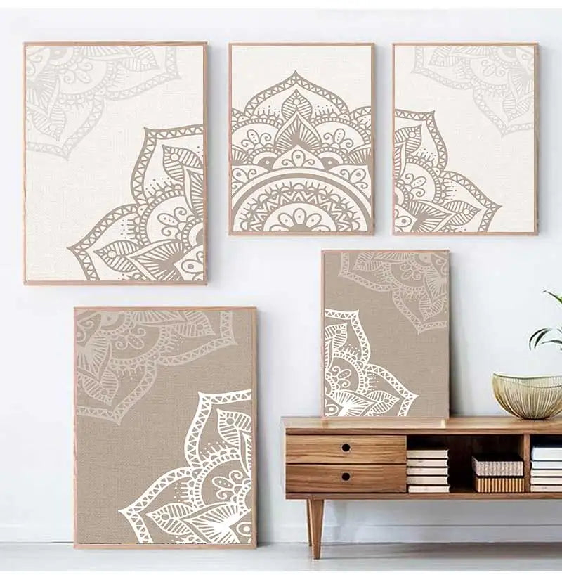 Bohemia Mandala Floral Beige Abstract Posters Canvas Painting Wall Art Print Pictures for Living Room Interior Home Decoration Peaceful Pleasures Health and Wellness