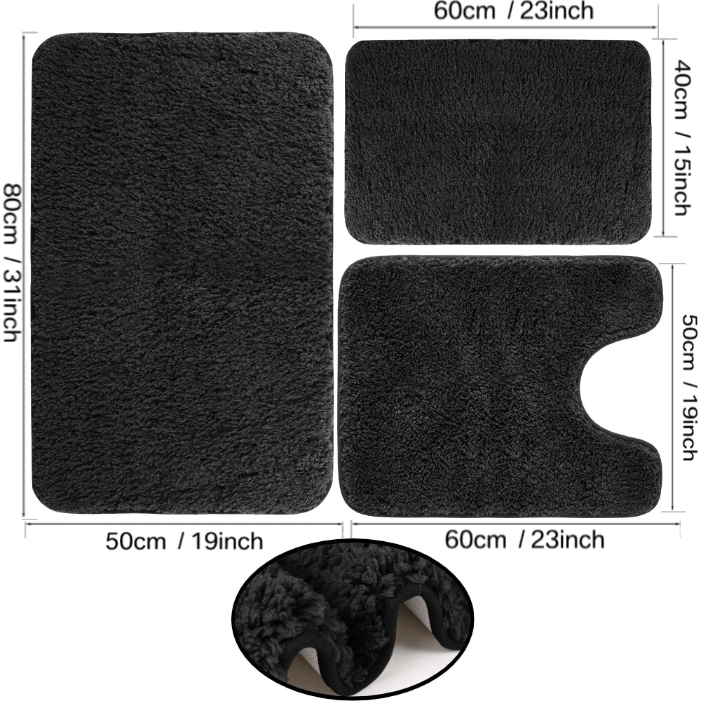 3Pc Sets Bath Mats Non Slip Memory Foam Bathroom Soft Rugs Water Absorption Dry Fast Bath Mat Machine Washable For Home Floor Peaceful Pleasures Health and Wellness Microfiber black 3pcs set