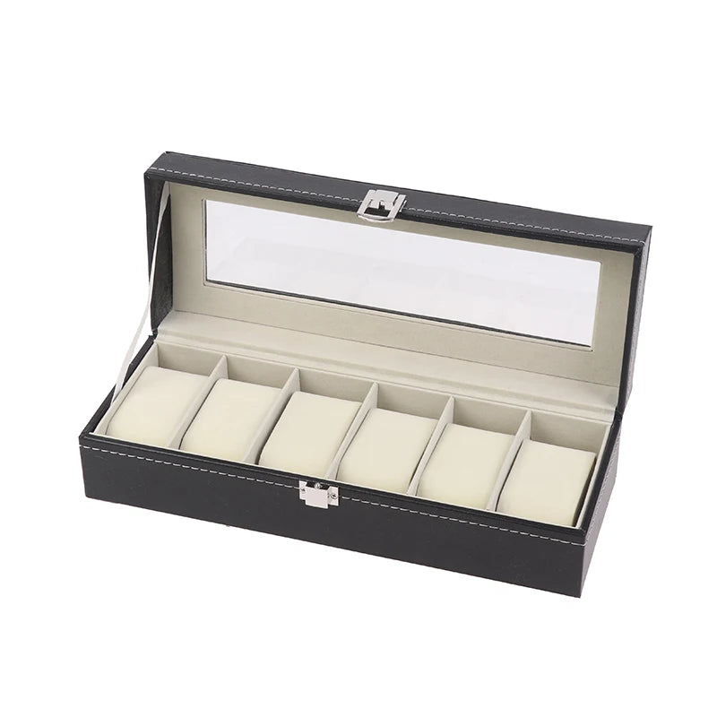 Watch Box Glass Lid Detachable Black PU Leather Watch Box Display Case Organizer With Framed Glass Lid And Removable Pillow Peaceful Pleasures Health and Wellness 6 Slot