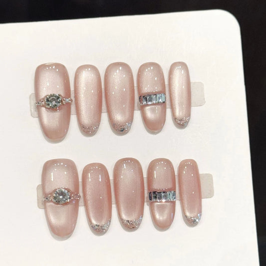 Cat Eye Glitter Press-On Nails | French Ring Design 10pc Set Press-On Nail Set Peaceful Pleasures Health and Wellness M