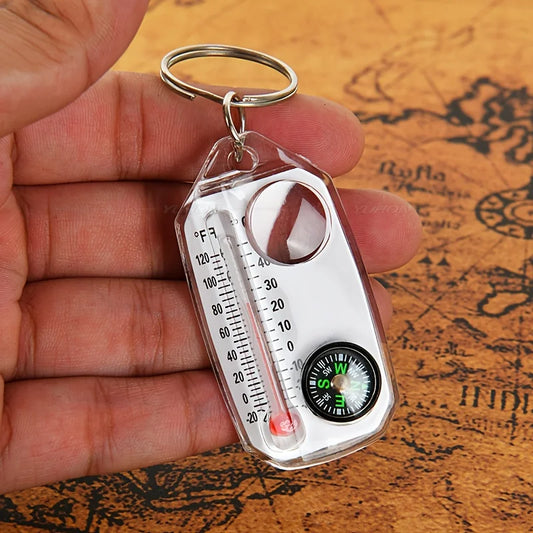 1 Keychain Compass Portable Mini Outdoor Thermometer Magnifying Glass Peaceful Pleasures Health and Wellness