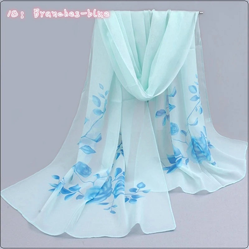 Women Chiffon Scarf Fashion Leisure Butterflies Branch Pattern Long Shawl Versatile Elegant Minimalist Retro Female Scarves Peaceful Pleasures Health and Wellness Branch Blue One Size