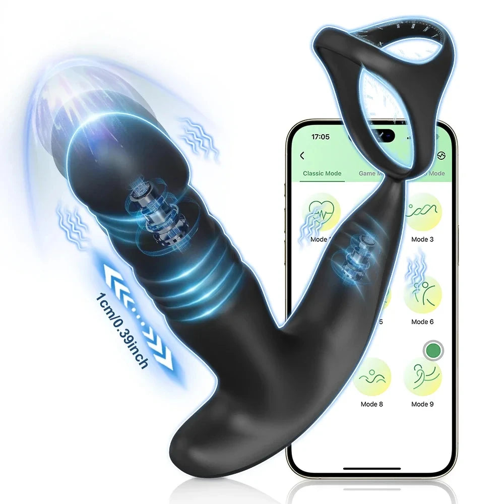 Male Thrusting Prostate Massager APP Control Vibrator for Men Delayed Ejaculation Cork Ring Butt Plug Sex Toy for Adult Peaceful Pleasures Health and Wellness QL028-APP-BK