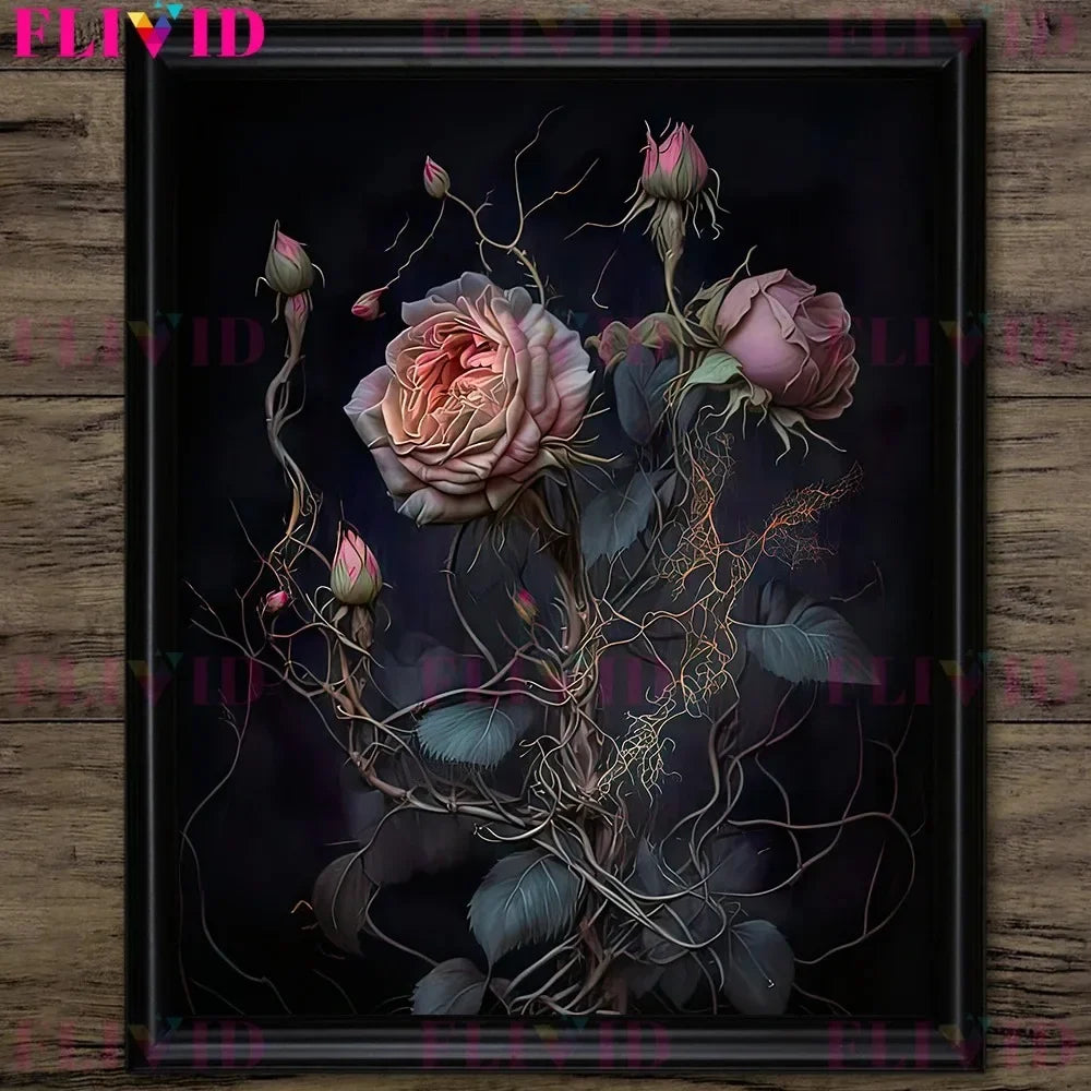 Dark Botanical Gothic Mushroom & Roses Canvas Wall Print