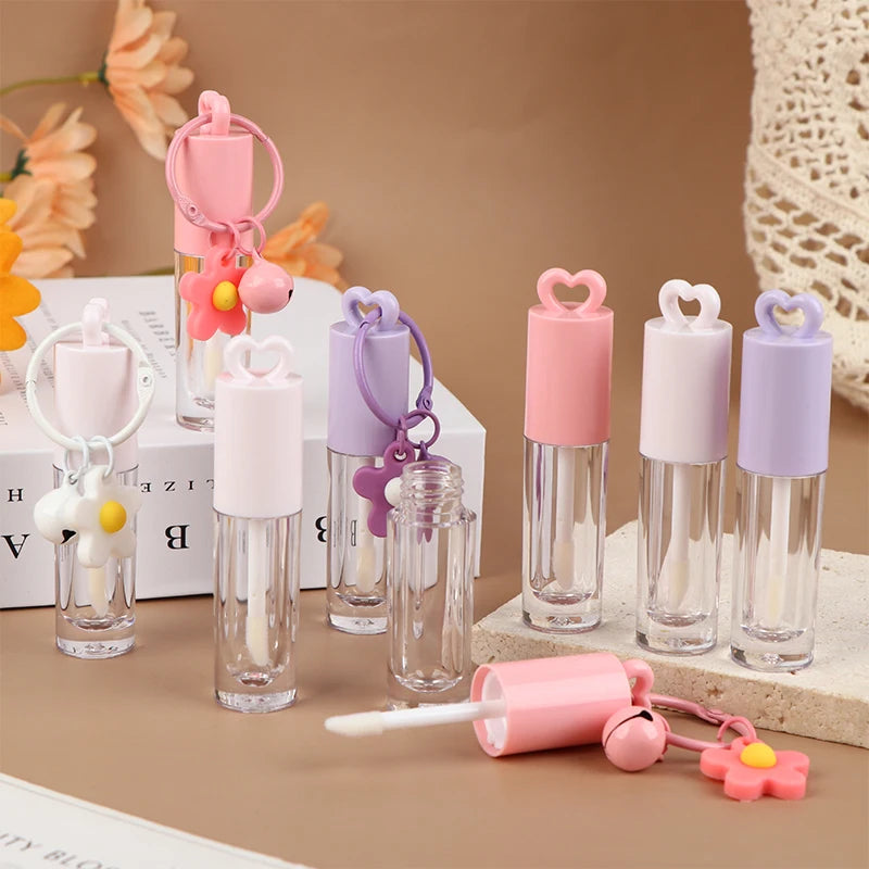 2.5ml Pink Heart-shaped Lip Enamel Tube With Keychain And Brush Rod Lip Gloss Tube Empty Bottle Lips Glaze Container Makeup Tool Peaceful Pleasures Health and Wellness