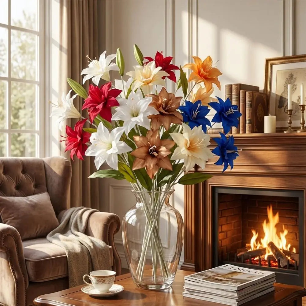 3-Head Artificial Lily Flower Branch | Realistic Silk Touch 65cm