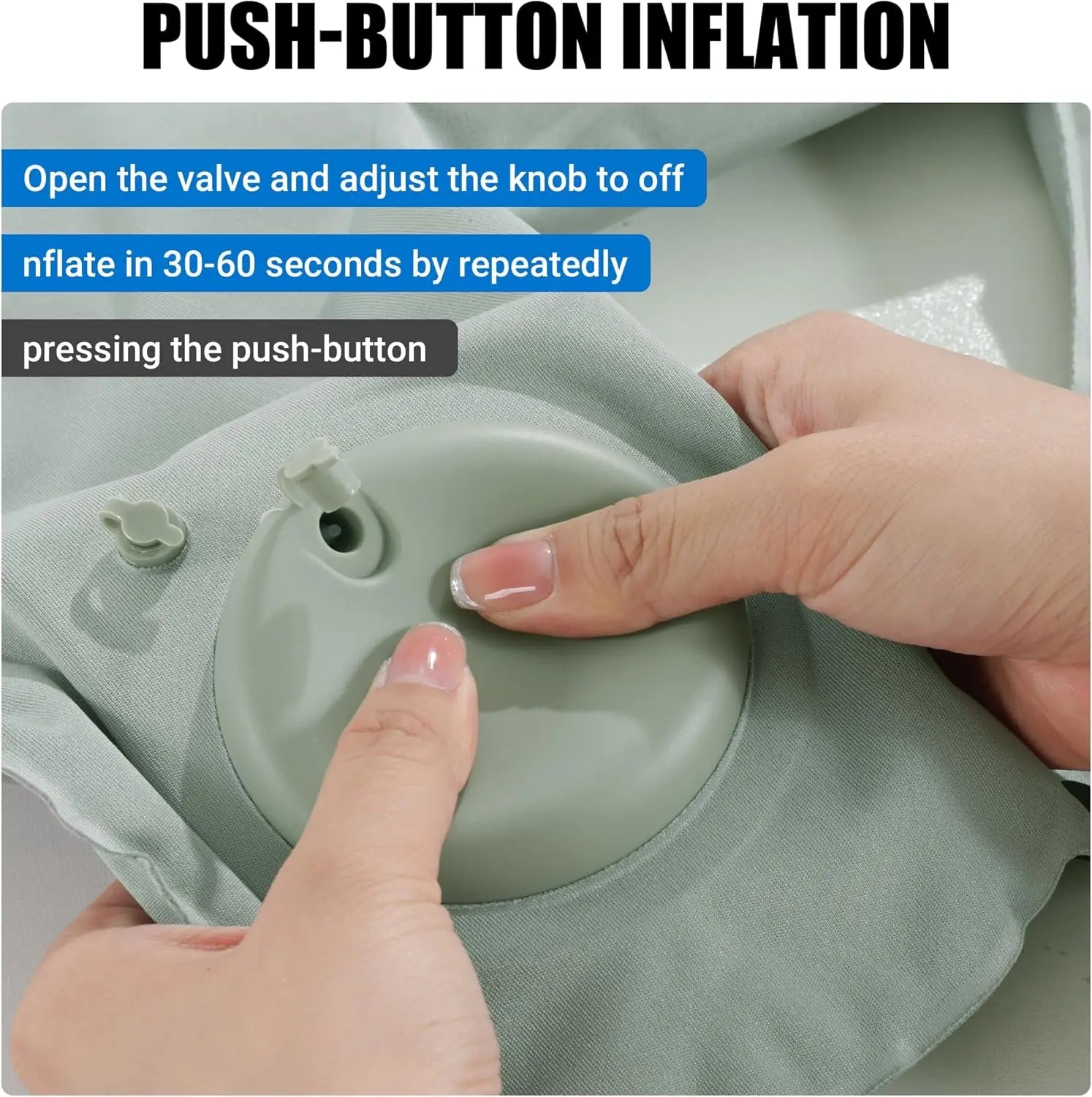 Person inflating a gray airbag with a push-button system, showing text instructions.