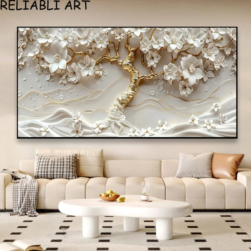 3D Golden White Flower Tree Poster and Prints Light Luxury Canvas Painting Wall Art Pictures for Living Room Home Decor No Frame Peaceful Pleasures Health and Wellness