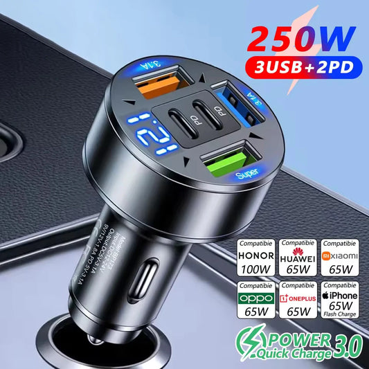 250W 5-Port USB-C Car Charger | PD QC3.0 Fast Charging USB Car Charger Peaceful Pleasures Health and Wellness