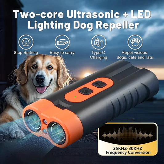 2025 Dual Head High Power Ultrasonic Dog Repeller USB Rechargeable Anti Barking Dog Training Device with LED Flashlight Peaceful Pleasures Health and Wellness