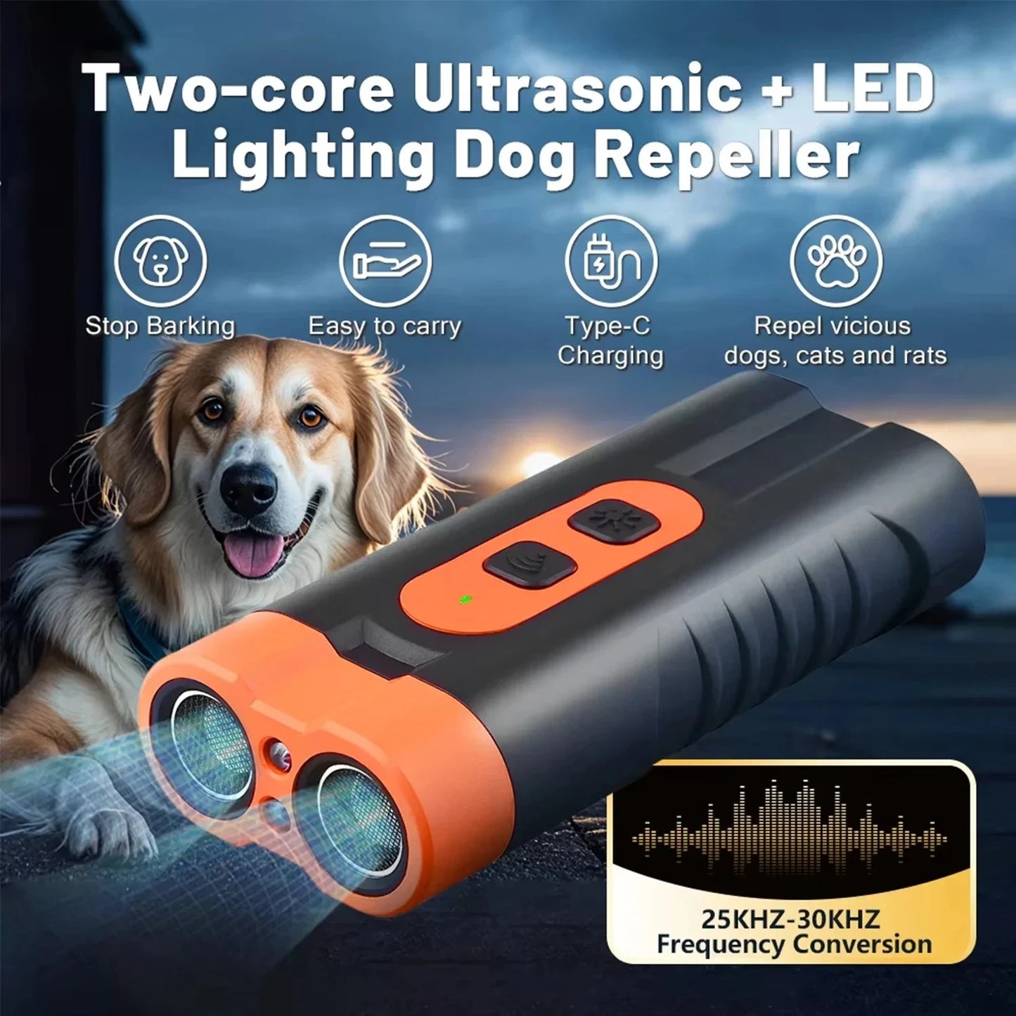 2025 Dual Head Ultrasonic Dog Repeller High Power USB Rechargeable Anti Bark Dog Training Device with LED Flashlight Peaceful Pleasures Health and Wellness