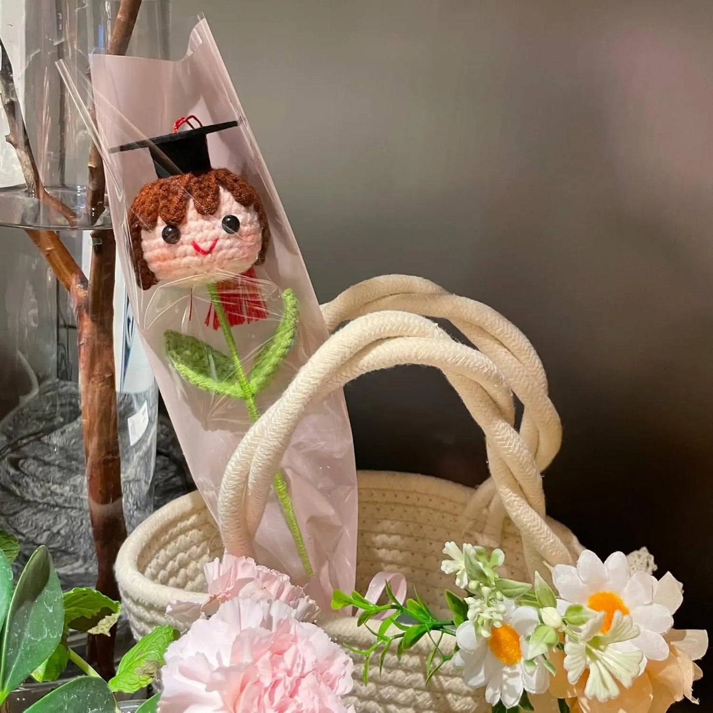 Graduation Crochet Bouquet with Cap | Handmade Knitted Flowers