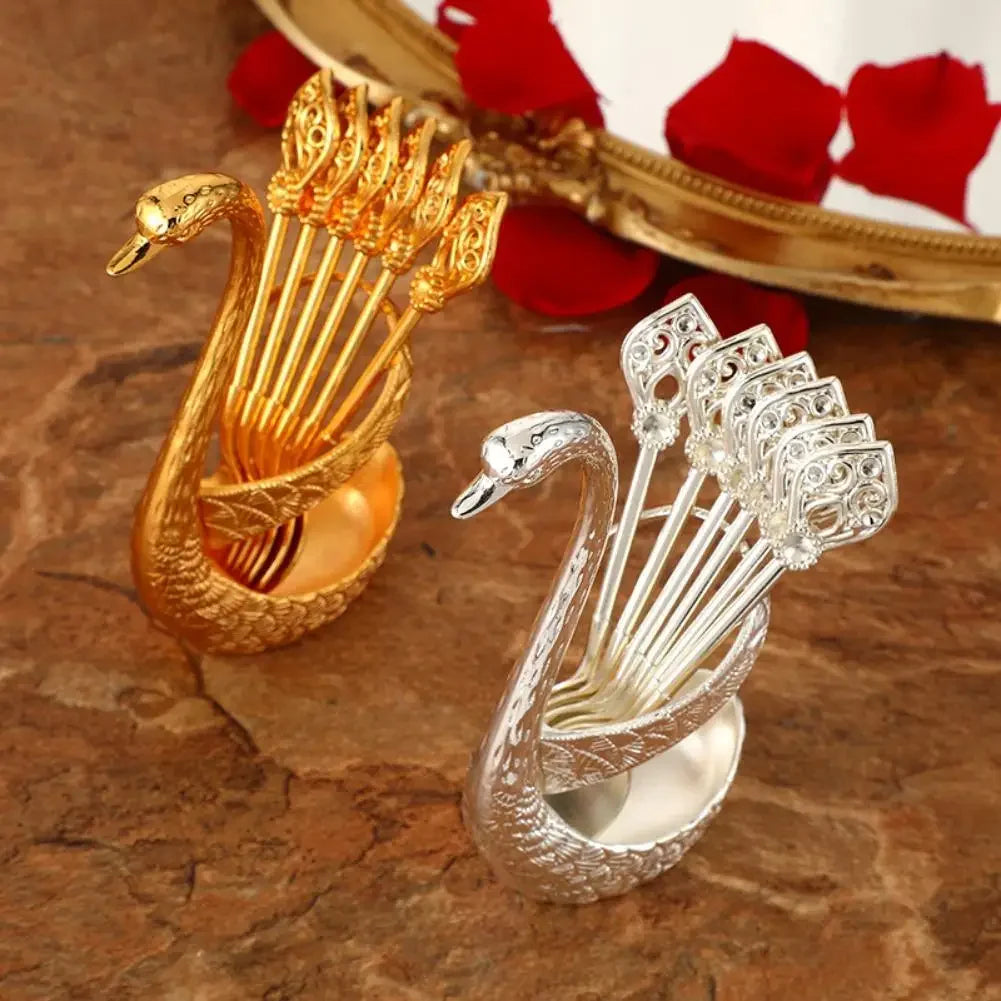 Stainless Steel Creative Dinnerware Set Decorative Swan Base Holder With 6 Spoons For Coffee Tea Cake Dessert Kitchen Supplies Peaceful Pleasures Health and Wellness