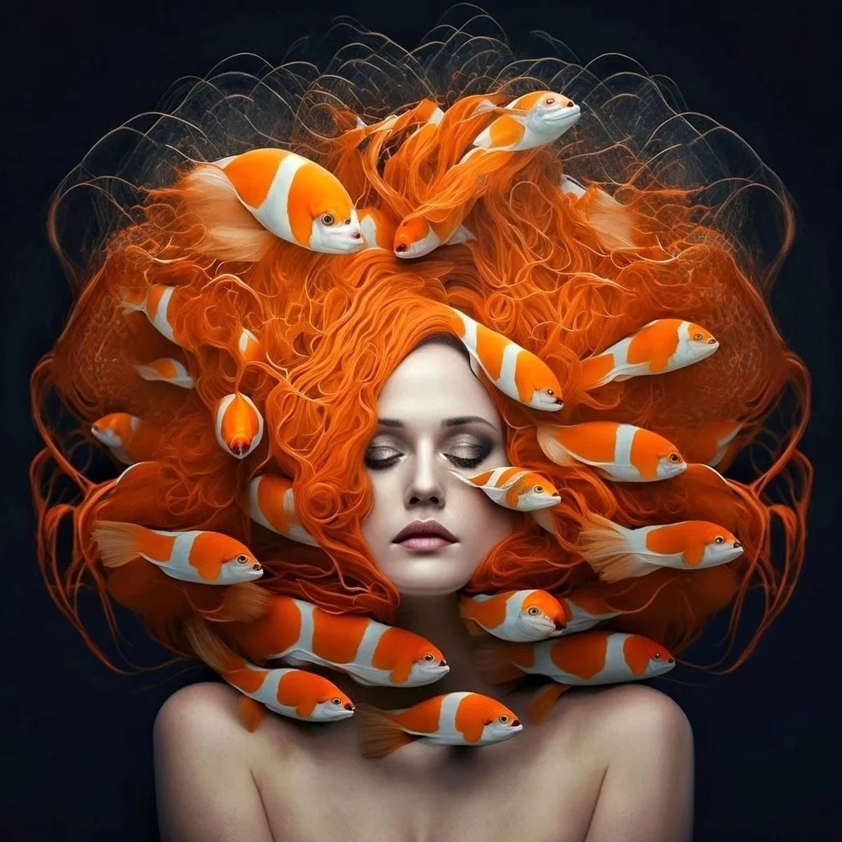 Surrealism Woman & Fish Canvas Wall Art | Fantasy Portrait Print