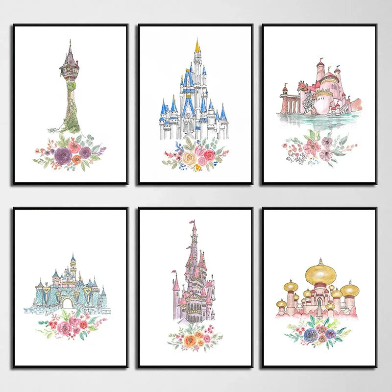 Watercolor Princess Castle Canvas Wall Art | Girls Nursery Decor