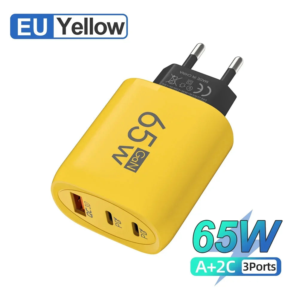 65W GaN USB-C Fast Charger | 3-Port PD QC3.0 Wall Adapter