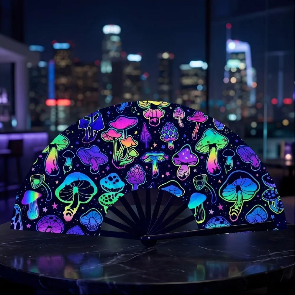 UV Glow 33cm Folding Hand Fan – Rave, Festival & Dance