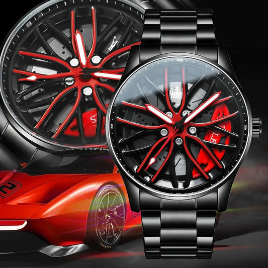 Men's Car Rim Quartz Watch – Leather Strap Round Dial Men's Quartz Watch Oasis Select