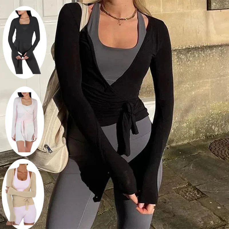 Women's Wrap Tie Front V-Neck Long Sleeve Yoga Sports Top