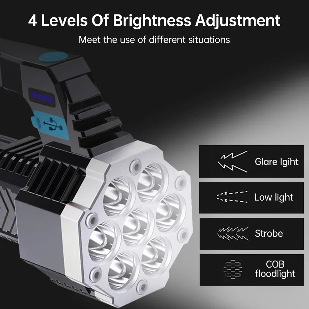 7 LED Rechargeable Camping Flashlight | COB Side Light & Solar