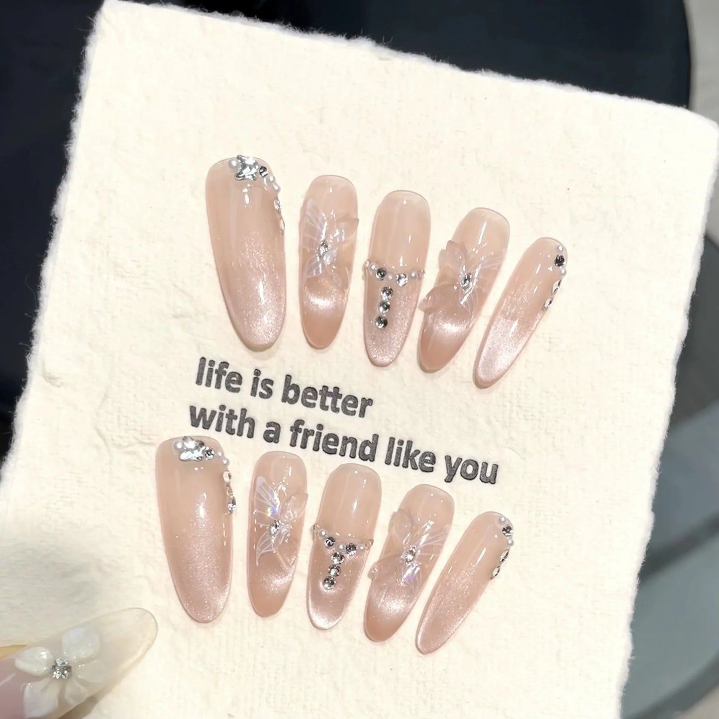 10pcs Handmade Press on Nails Gradient Cat's Eye Almond Fake Nail Tips Wearable 3D Bow Glitter Diamond Nail Art Long False Nails Peaceful Pleasures Health and Wellness L