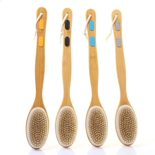 Shower brush with soft and hard bristles, double sided long handle, back scrub body exfoliator, suitable for both wet and dry us Peaceful Pleasures Health and Wellness