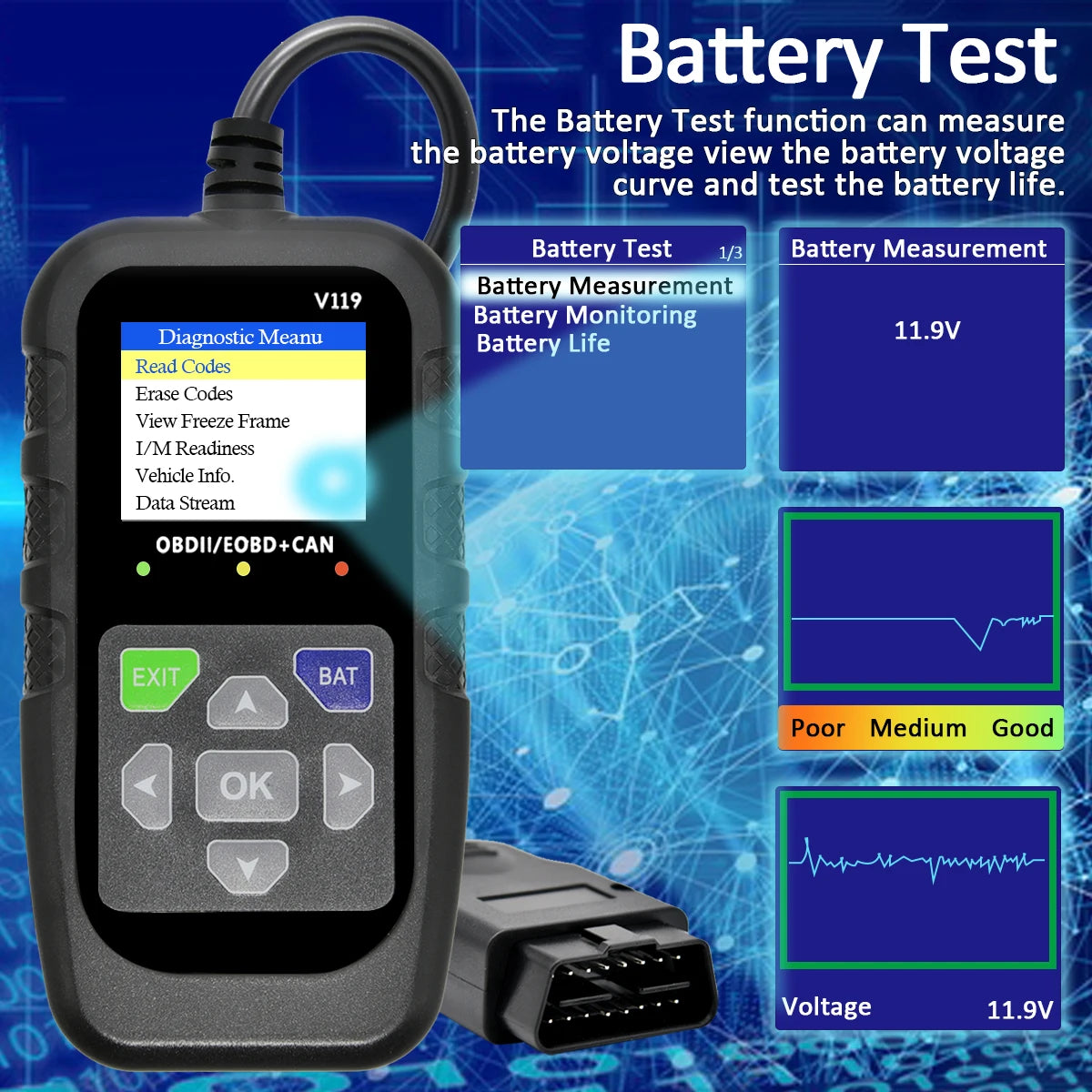 Car OBD2 Scanner Diagnostic Tool Code Reader, Car Voltage Tester Engine Fault Code Scanner, Charging Tester Diagnostic ToolV119 Peaceful Pleasures Health and Wellness