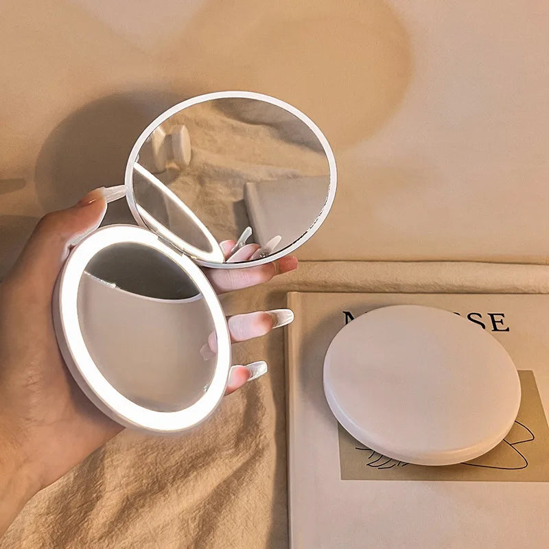 New Makeup Mirror Portable Portable Small Mirror with Light LED Touch Up Mirror Pocket Handheld Illuminated Folding Round Mirror Peaceful Pleasures Health and Wellness white