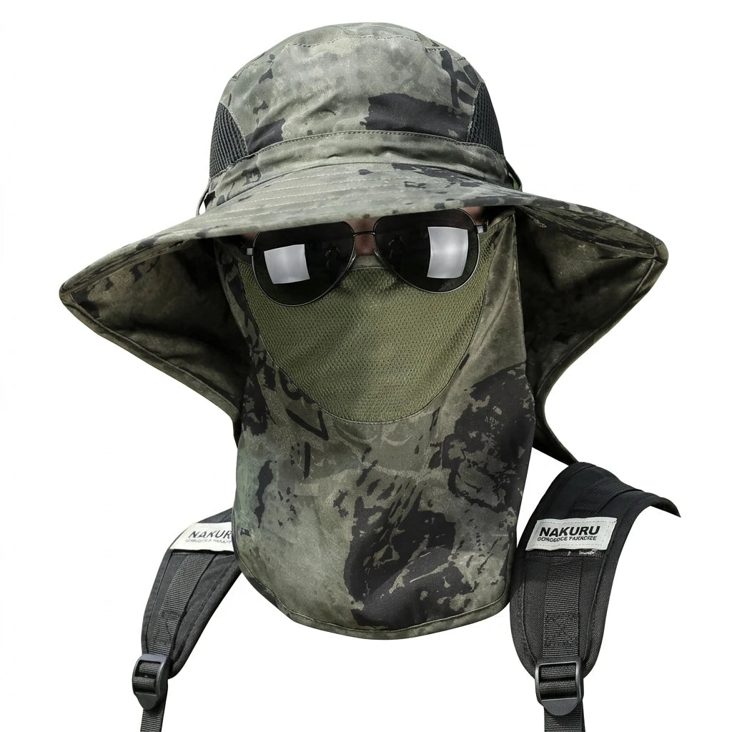 Unisex Sun-Protection Fishing Hat UPF50+ Wide Brim Outdoor UV-Protection Cap with Neck Flap for Hiking Fishing Travel Peaceful Pleasures Health and Wellness green