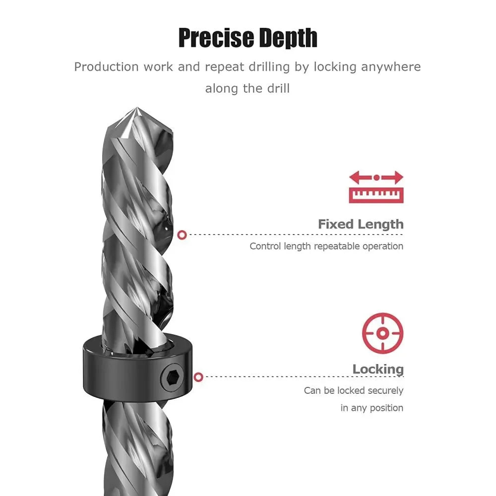Drill Depth Stop Bit Collar Set Adjustable Positioner Limit Ring Set-Screws Woodworking Tool Allen Wrench Tighten The Stopper Peaceful Pleasures Health and Wellness