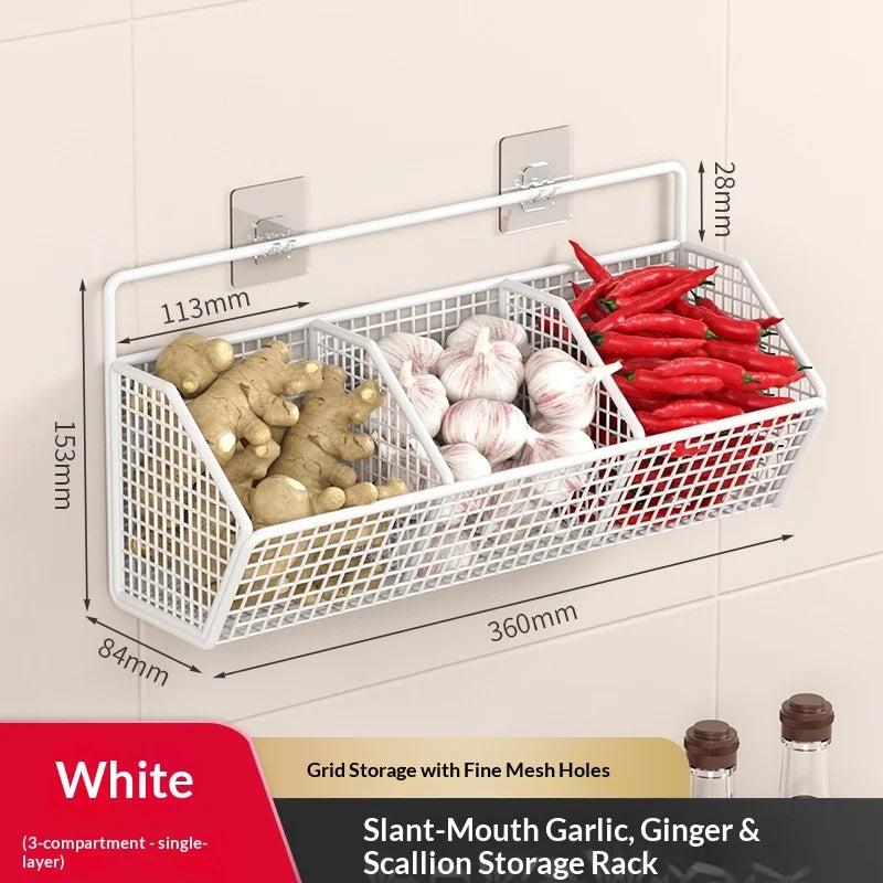 Space Saving No Drill Wall Mounted Organizer for Ginger Garlic Onion Storage Ideal for Kitchen Small Apartment Cooking Use Peaceful Pleasures Health and Wellness 3 Grids White
