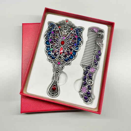 Creative Retro Peacock Open Screen Small Mirror Handle Metal Makeup Mirror Portable Mirror Comb Set Holiday Gift Makeup Mirror Peaceful Pleasures Health and Wellness
