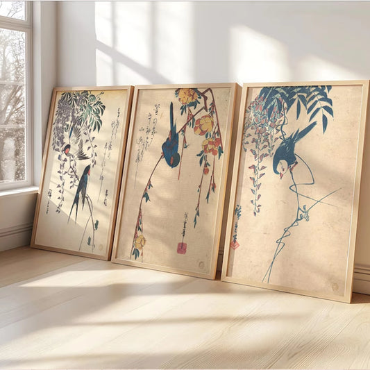 3-Piece Retro Minimalist Japanese Bird Canvas Wall Art Print Canvas Wall Art Set Peaceful Pleasures Health and Wellness G5335-3pcs 40x60cm Unframed