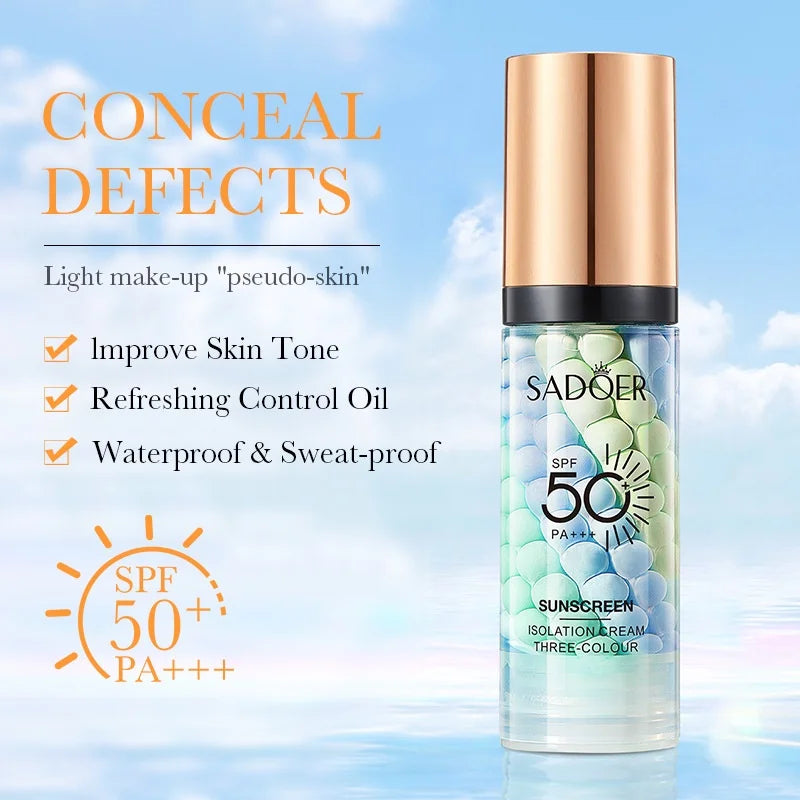 SADOER Three-Color Makeup Primer Cream Brighten Skin Tone and Moisturize Foundation Base Sunscreen SPF 50PA+++ Peaceful Pleasures Health and Wellness