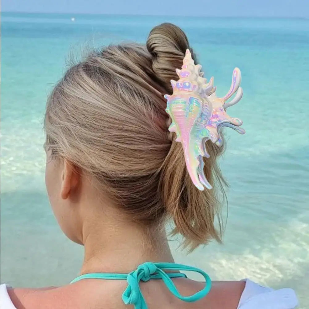 Conch Design Catch Clip Hairpin High-quality Colorful Shiny Ocean Shark Clip 3D Acrylic Seashell Hair Claw Portable Hairpin Gift Peaceful Pleasures Health and Wellness