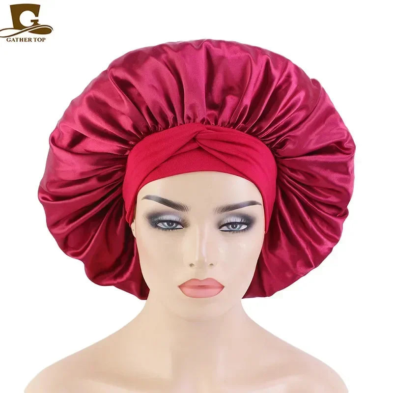 Silk Night Sleeping Cap, Large Satin Bonnet, Bonnet Edge Wrap For Women Curly Braid Hair With Head Tie Band Peaceful Pleasures Health and Wellness wine red