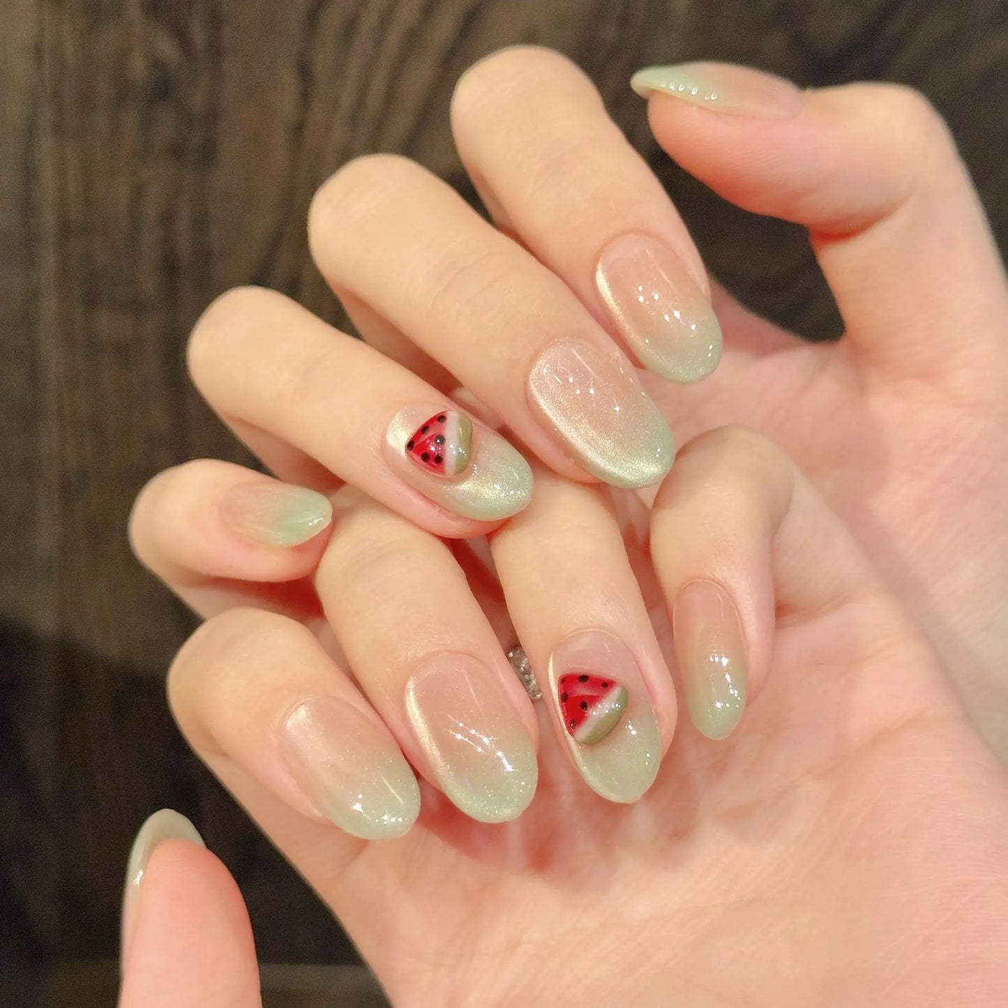 10pcs Handmade Press on Nails Summer Pink Green Cat Eye Fake Nails Women Wearable Reusable Cute Watermelon Design False Nails Peaceful Pleasures Health and Wellness S