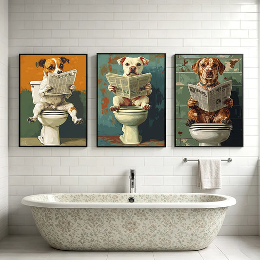 Vintage Animal Bathroom Wall Art, Funny Dog Retro Pop Art Canvas Painting, Nordic Toilet Poster Print for Restroom Room Decor Peaceful Pleasures Health and Wellness