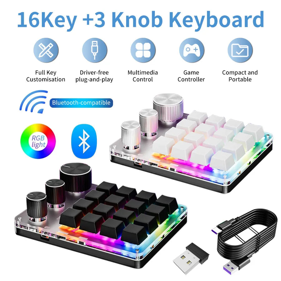 16 Keys 3 Knobs Mechanical Gaming Keyboard USB Wired Bluetooth/ Wireless Programming Macro Mini Keyboard Custom Hot-swap Keypad Peaceful Pleasures Health and Wellness