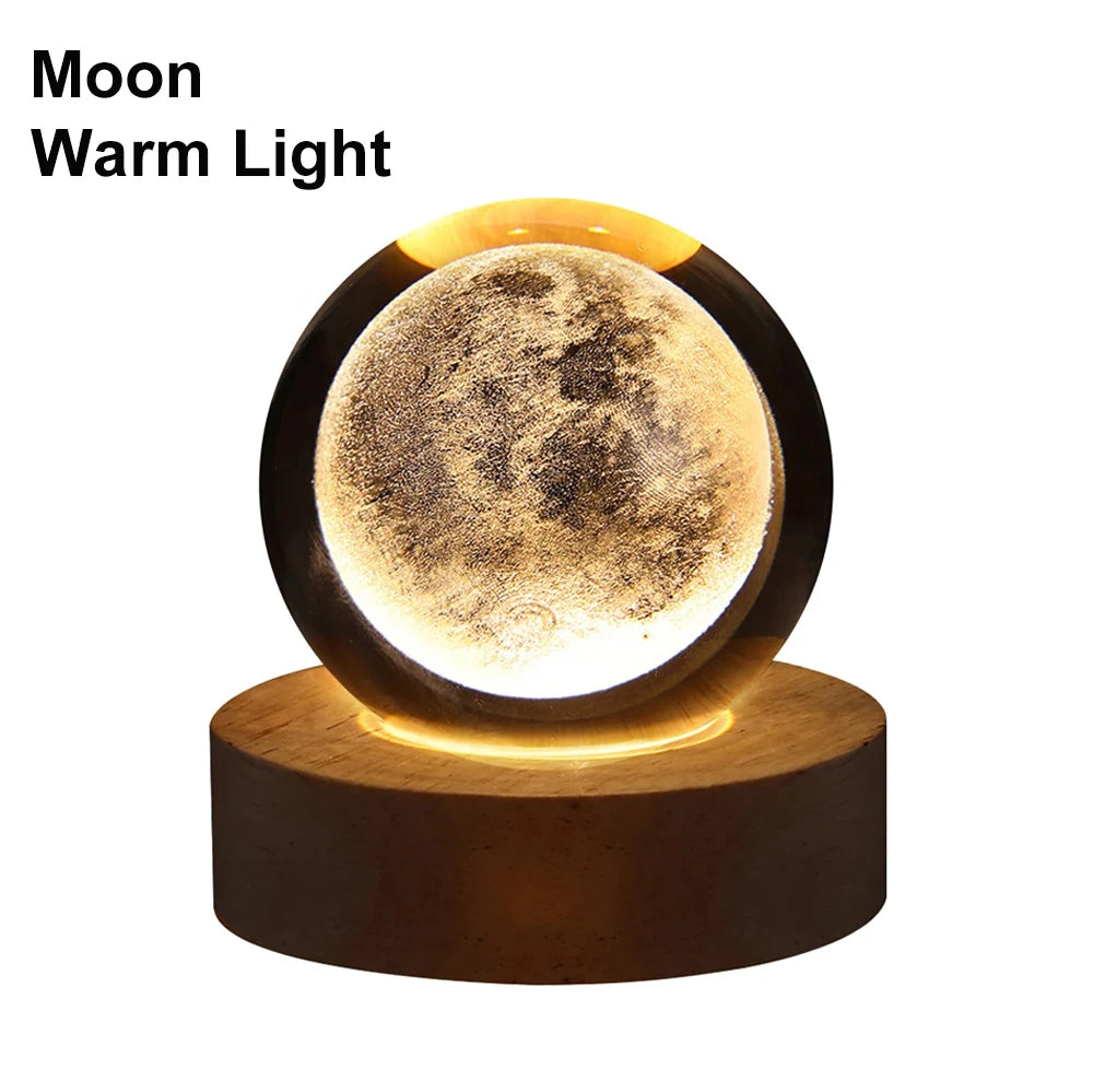 6cm Bedside RGB Lamp Solar Theme Cosmos Series Crystal Ball Night Lights Milky Way Moon Small Ornaments for Desk Creative Gift Peaceful Pleasures Health and Wellness Moon-Warm Light USB Plug